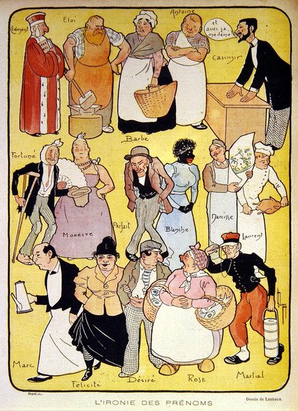 "مفارقة الأسماء" ، رسم توضيحي لأوائل القرن العشرين لمجلة "Le Rire" (لون ليثو) بواسطة ليون ليبيجو