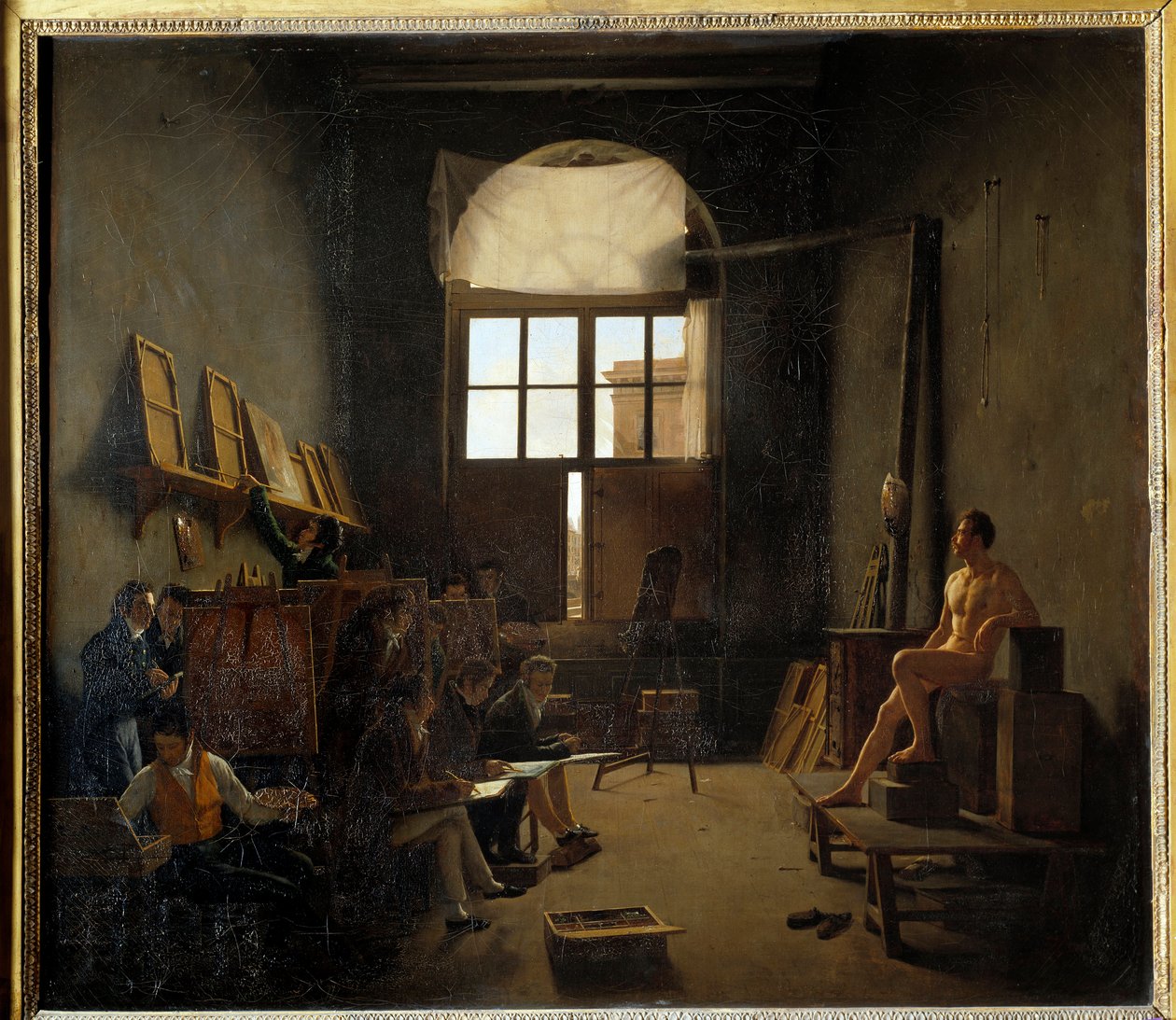 التصميم الداخلي لاستوديو ديفيد في كلية الأمم الأربع عام 1814 (معهد فرنسا الحالي). لوحة لماثيو كوتشيرو (1793-1817) بواسطة ليون ماتيو كوتشيرو