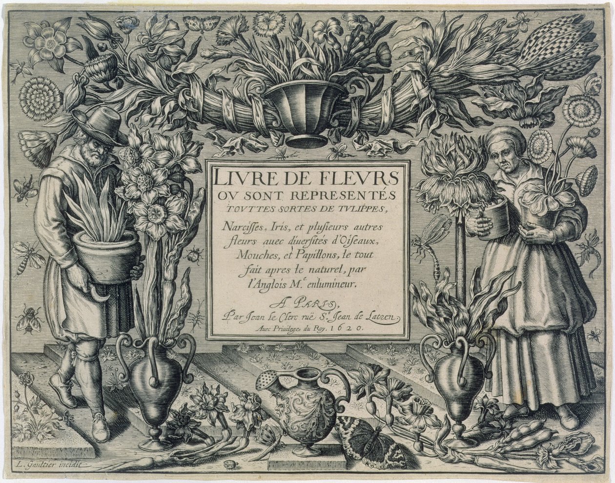 صفحة العنوان من "Livre des Fleurs" لجان لو كليرك ، نُشرت عام 1620 بواسطة ليونارد جوتييه
