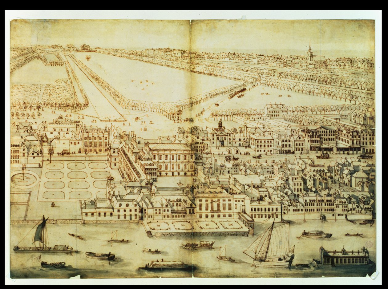 منظر عين الطائر لقصر وايتهول ، 1695 ج (حبر وغسل على ورق) بواسطة ليونارد كينيف