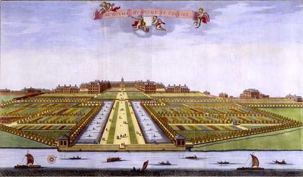 المستشفى الملكي في تشيلسي ، من "مسح لندن" نقش بواسطة يوهانس كيب (حوالي 1652-1722) بواسطة ليونارد (بعد) كنيف