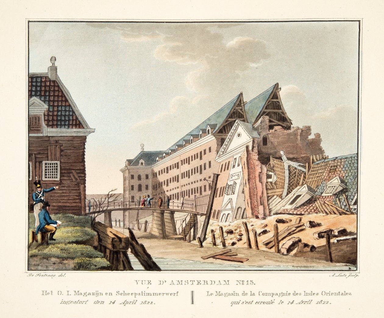Vue d&39;Amsterdam رقم 13. انهار مستودع OI وساحة بناء السفن في 14 أبريل 1822. Le Magasin de la Compagnie des Indes Orientales qui s&39;est ecroulé le 14 Avril 1822، 1825 (engra الملونة باليد بواسطة ليونارد أليكسيس داليج دي فونتيناي