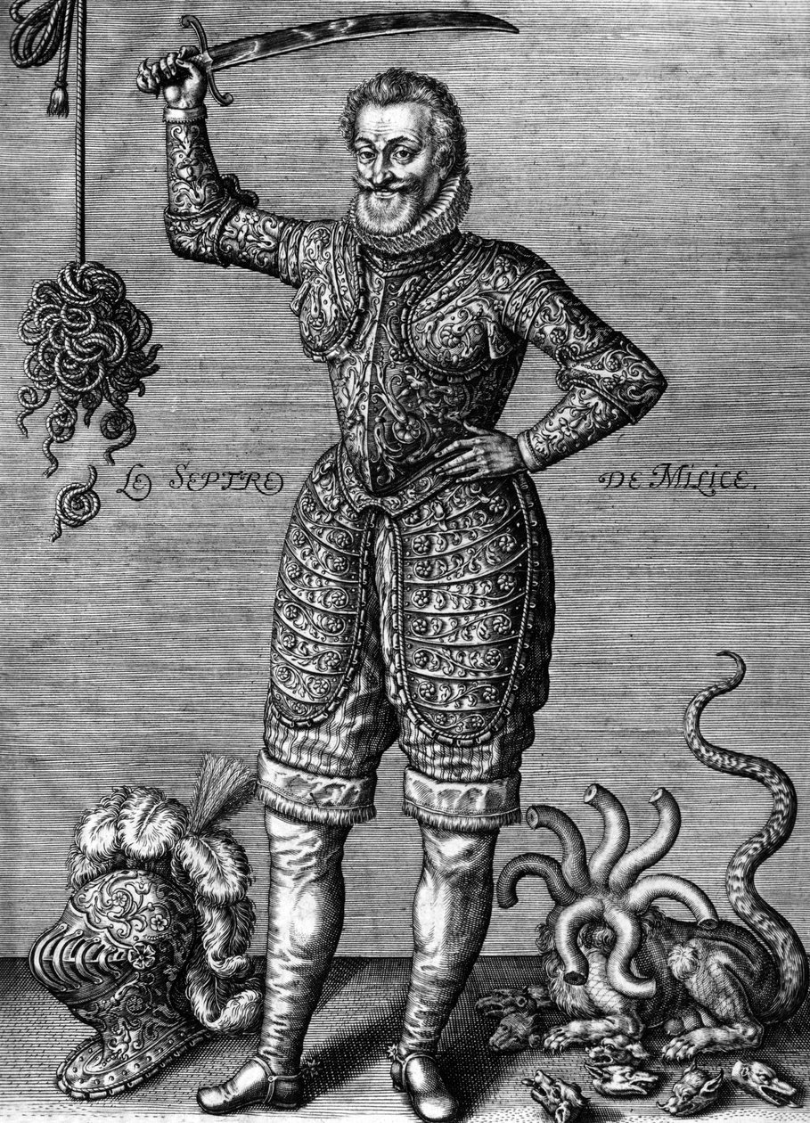 هنري الرابع (1553-1610) ملك فرنسي في 1589-1610 ، يرتدي هنا درعًا ، ويحمل سيفًا ، كمقاتل للخطأ ، نقش ليونارد غوتييه بواسطة ليونارد جوتييه