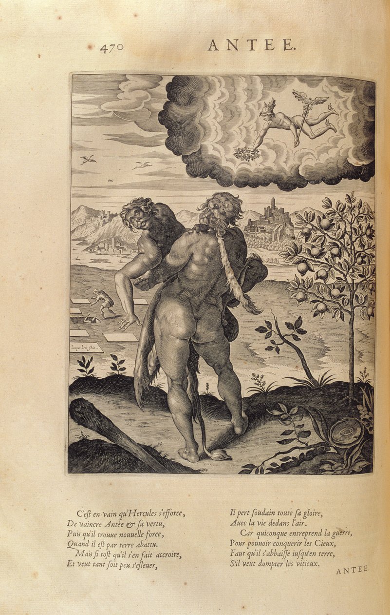 هرقل يذبح Antaeus ، من "Les Images ou Tableaux de Platte Peinture des Deux Philostrates Sophistes Grecs" ، بواسطة Blaise de Vigenere (1523-96) باريس ، 1615 بواسطة ليونارد جوتييه