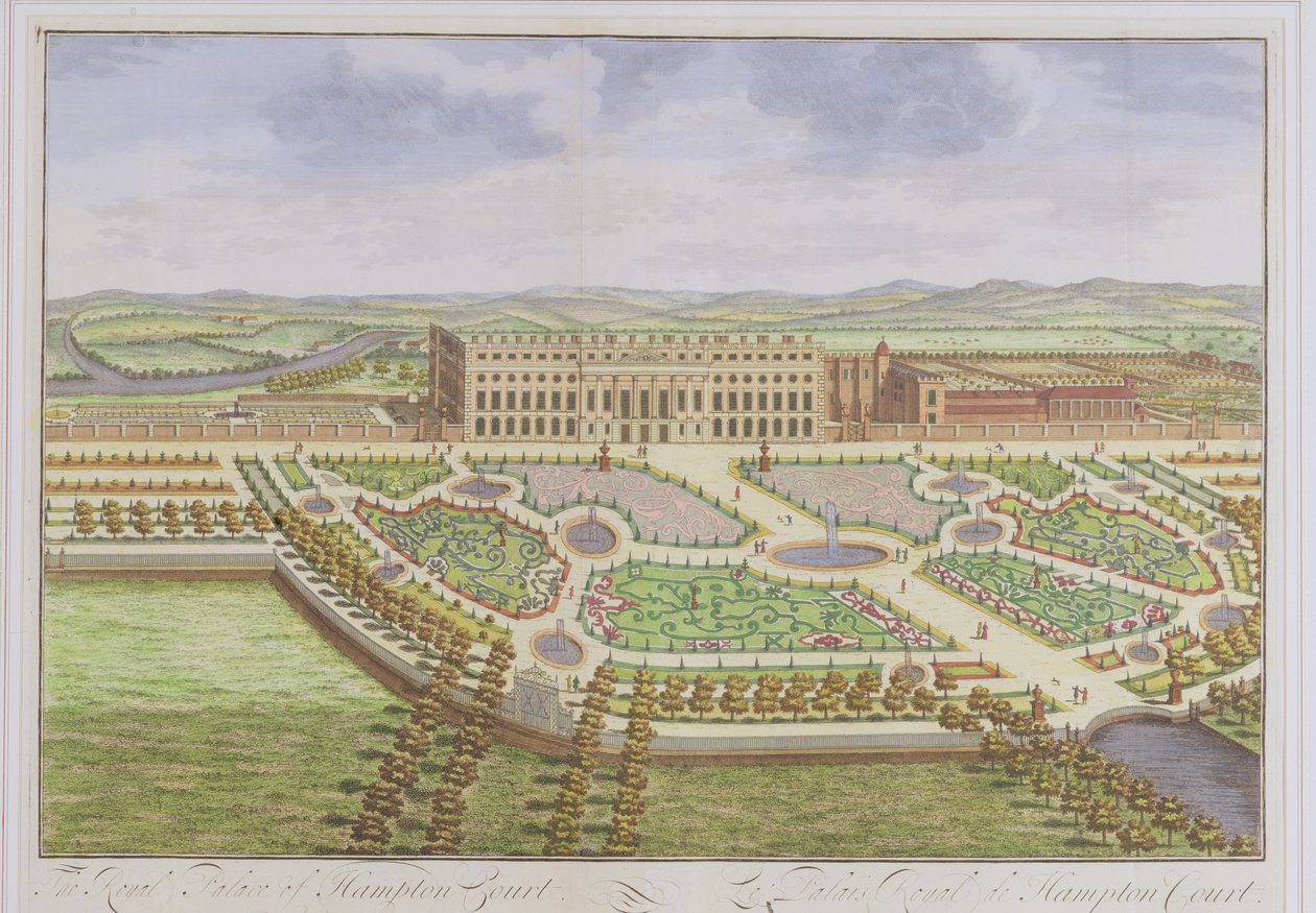 القصر الملكي لهامبتون كورت ، من "دراسة لندن" التي كتبها يوهانس كيب (c.1652-1722) ، 1730 (نقش الألوان) بواسطة ليونارد كينيف