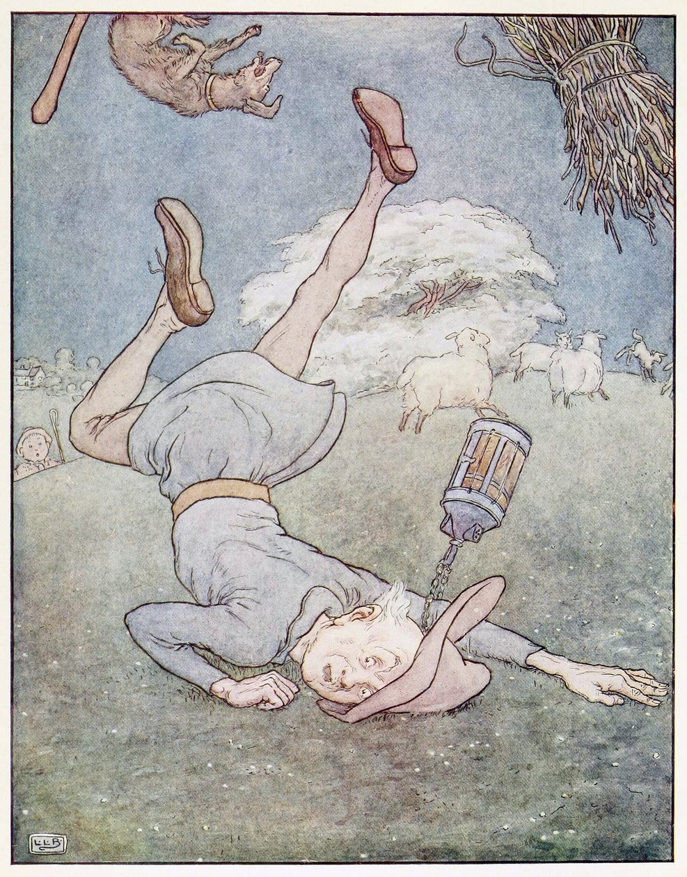 نزل الرجل على سطح القمر متهاويًا ، من كتاب مصور لحضانة الأطفال ، حانة. 1914 (لون ليثو) بواسطة ليونارد ليزلي بروك