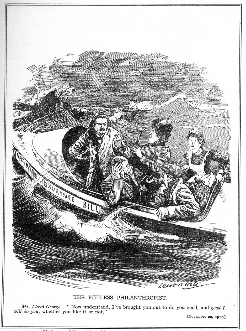 يواجه لويد جورج ، المصور على أنه بحار قارب نجاة ، معارضة لقانون التأمين الوطني ، 1911 بواسطة ليونارد رافين هيل