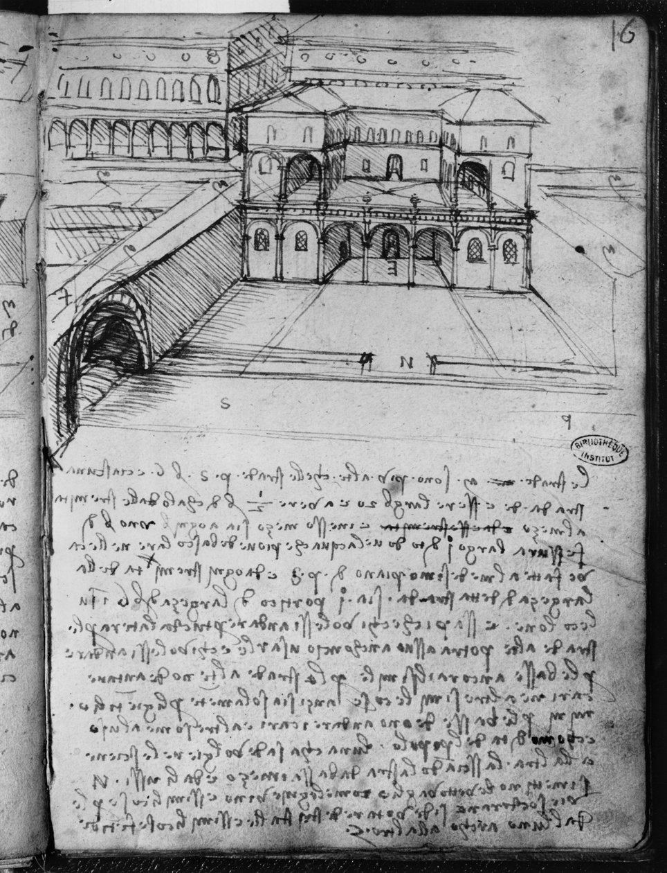 رسم معماري لـ "المدينة المثالية" ، الصفحة رقم 1 16 (مستقيمة) من مخطوطة باريس ب ، 1488-1490 (قلم وحبر على ورق) بواسطة ليوناردو دا فينشي