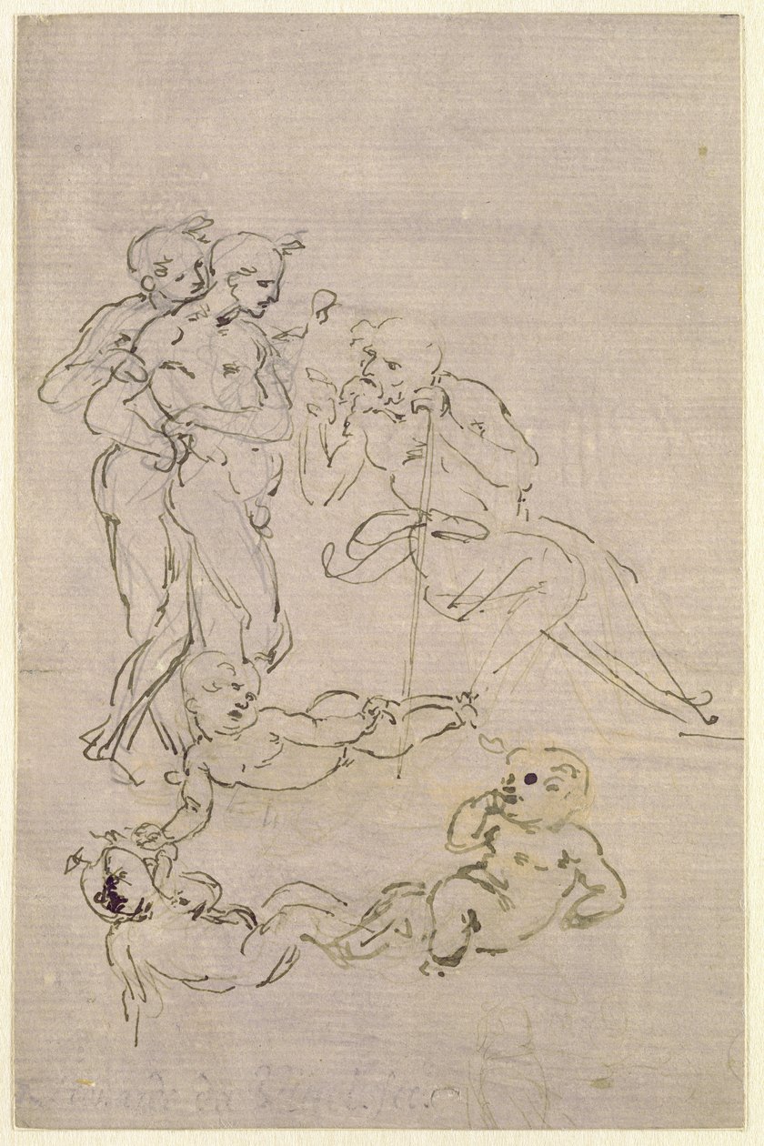 دراسة تصويرية لعشق المجوس (يوسف واثنين من الرعاة والرسومات للمسيح الطفل) ، c.1481 بواسطة ليوناردو دا فينشي
