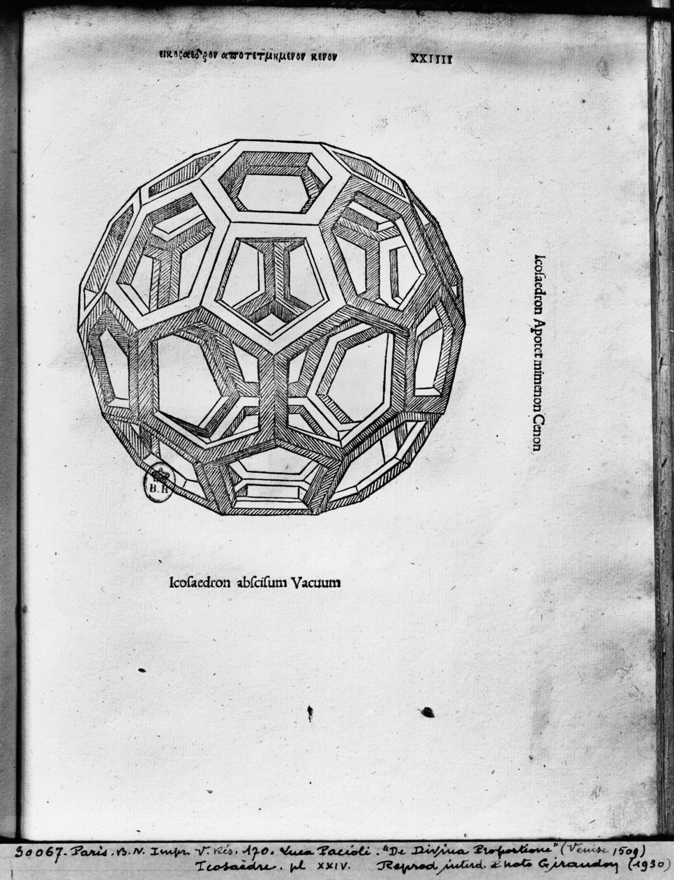 Icosahedron ، من "De Divina Proportione" بواسطة Luca Pacioli ، تم نشره عام 1509 ، البندقية بواسطة ليوناردو دا فينشي