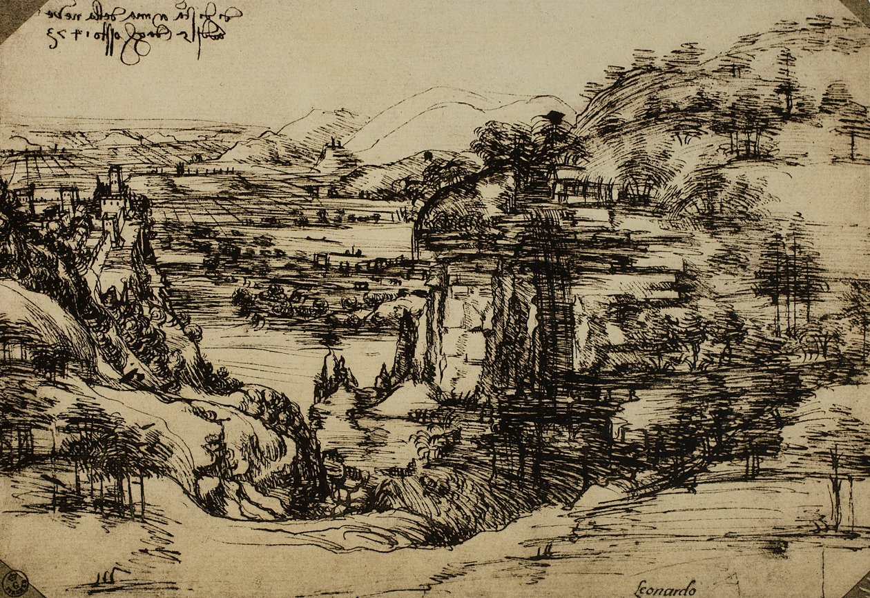 منظر طبيعي لوادي أرنو ، قلم على ورق ، ليوناردو دا فينشي (1452-1519) ، خزانة الرسومات والمطبوعات ، معرض أوفيزي ، فلورنسا بواسطة ليوناردو دا فينشي