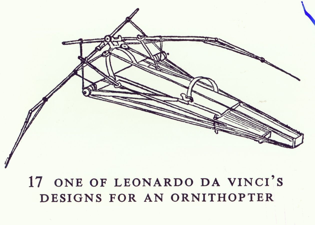 واحدة من تصميمات ليوناردو دا فينشي لطائرة Ornithopter ، نسخة من رسم تخطيطي من مخطوطة ب ، 1488-1489 بواسطة ليوناردو دا فينشي