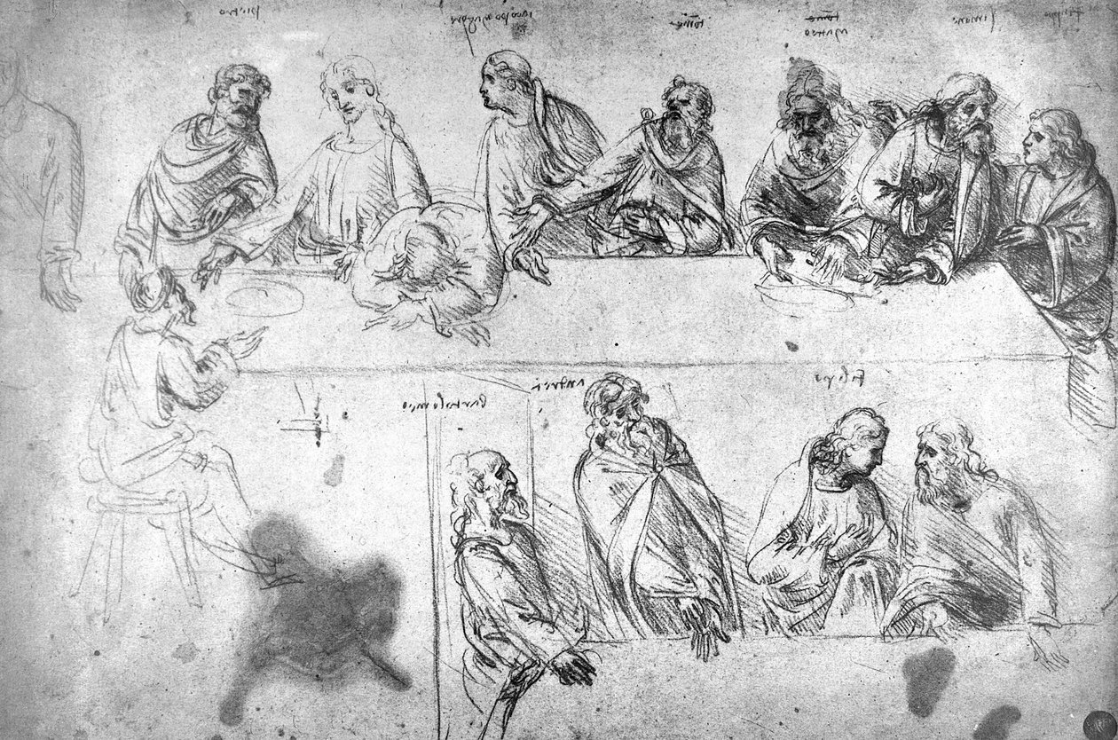 الرسم التحضيري للعشاء الأخير (حبر بني داكن على ورق كتان) بواسطة ليوناردو دا فينشي