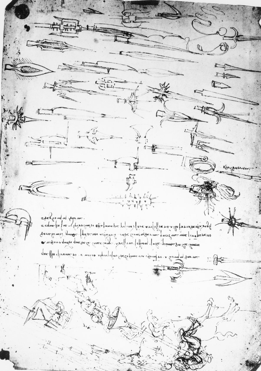 ورقة دراسات لجنود المشاة والفرسان في القتال ، وألواح الطوق ، 1485-1488 بواسطة ليوناردو دا فينشي