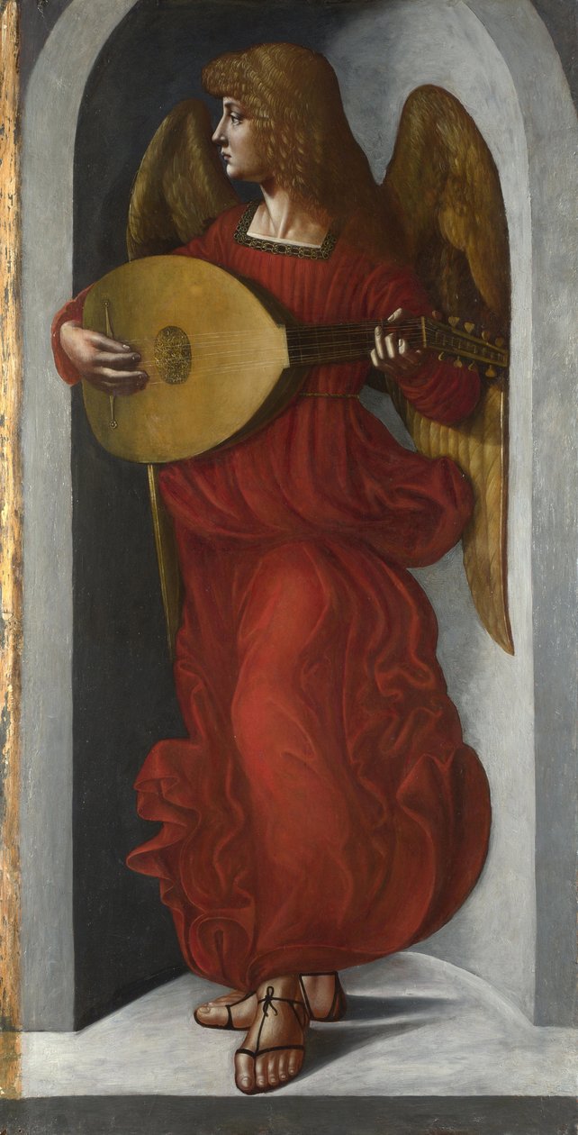 "ملاك باللون الأحمر يعزف على العود" "لوحة من حاشية ليوناردو دافنشي (ليوناردا دافنشي) (1452-1519) حوالي 1490-1499 معرض لندن الوطني بواسطة ليوناردو دا (دائرة) فينشي