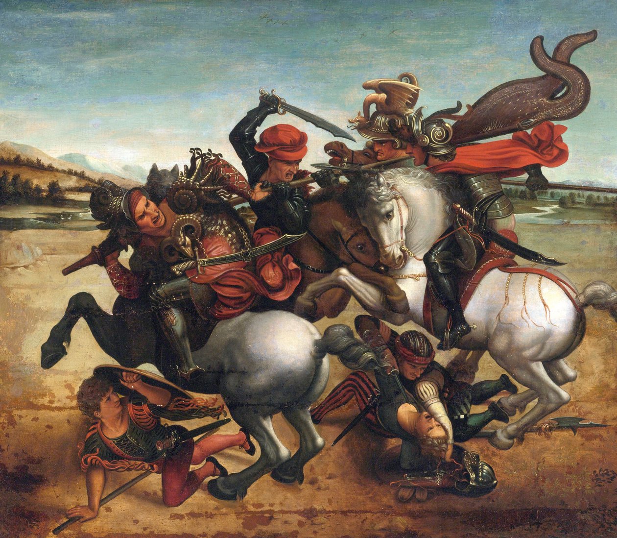La lutte pour l'etendard - The Fight for the Standard from the Battle of Anghiari par Leonardo Da Vinci، Follower. زيت على قماش ، مقاس: 72.8x84 بواسطة ليوناردو دا (من أتباع) فينشي