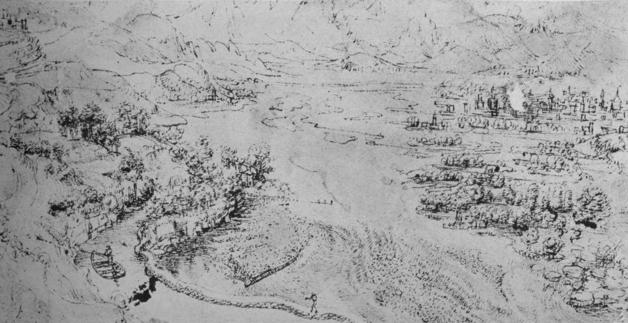 نهر واسع مع قناة تجري بجانبه ، c1480 1945 بواسطة ليوناردو دا فينشي