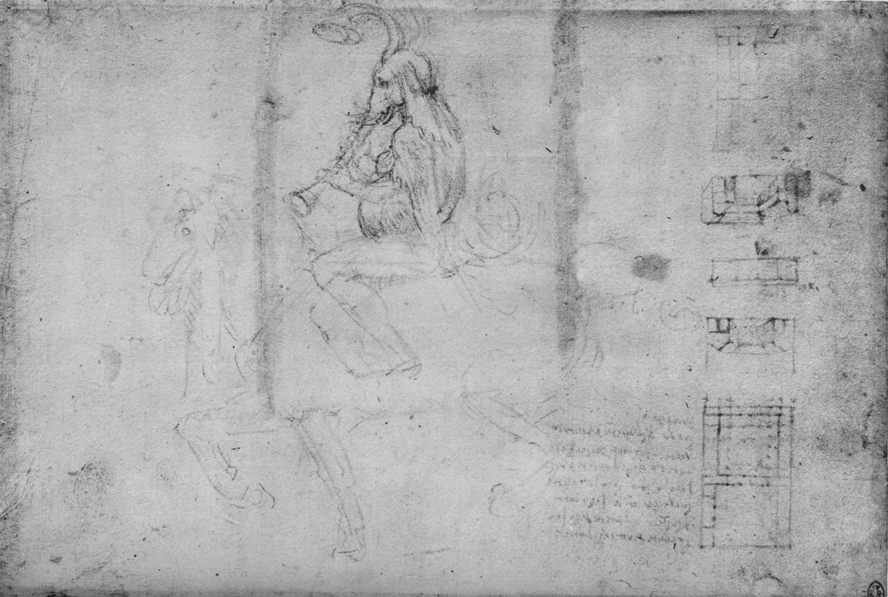 رجل برأس فيل يركب على ظهور الخيل والرسومات المعمارية ، c1480 1945 بواسطة ليوناردو دا فينشي