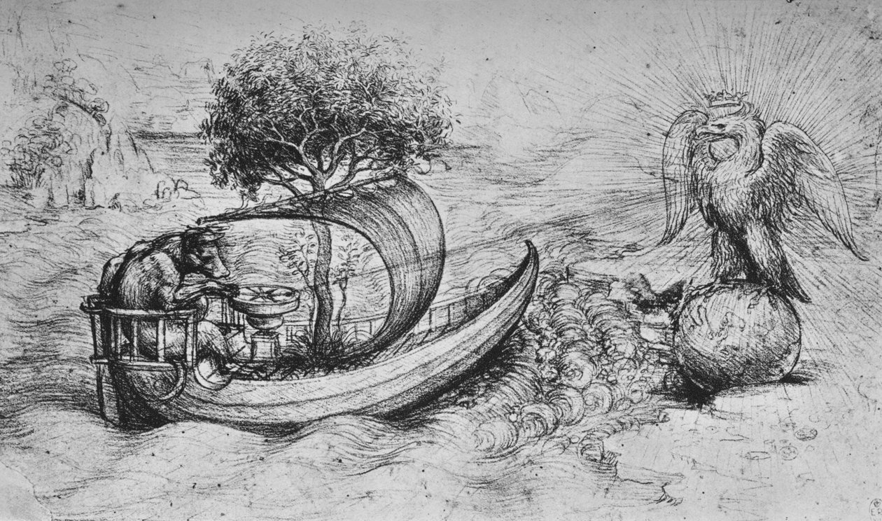 Allegory: نسر متوج يقف على الكرة الأرضية والذئب يقود قاربًا ، c1480 1945 بواسطة ليوناردو دا فينشي