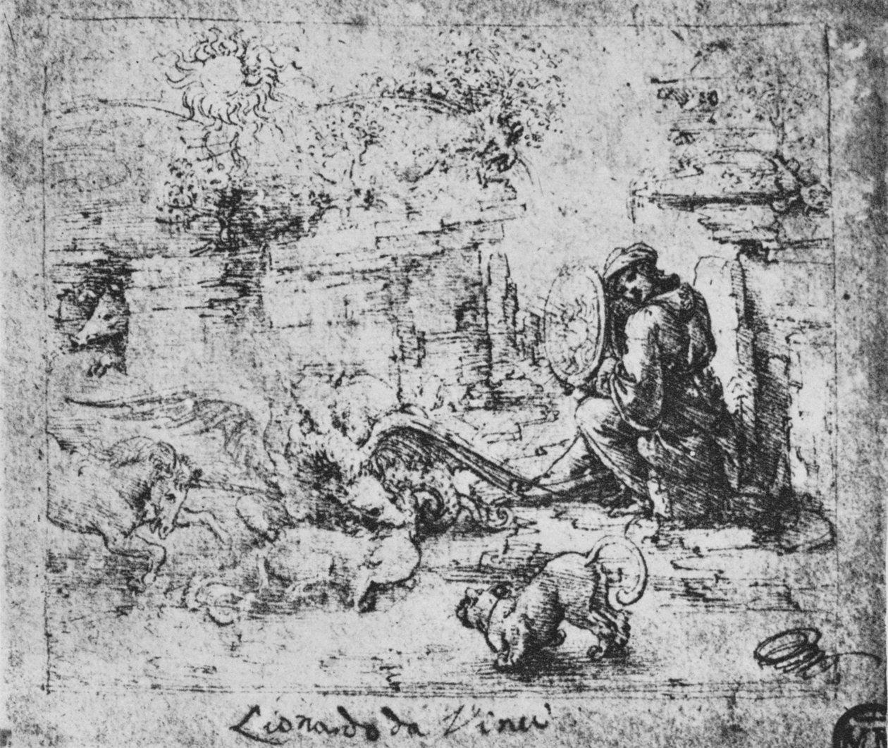 Allegory: قتال الحيوانات ورجل مع زجاج محترق ، c1480 1945 بواسطة ليوناردو دا فينشي