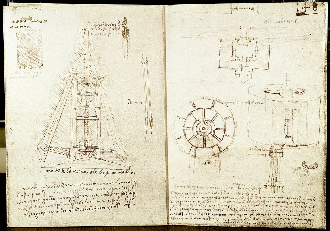 العمارة والفن العسكري: الصفحة اليسرى: تدور. سلم دائري حول برج. حفر شعاع. الصفحة اليمنى: مخطط مدخل مدينة محصنة. مخطط وارتفاع برج دائري محصن في البحر. مخطوطة ليونارد دي فينشي (ليوناردو) (1452-1519) باسكال بواسطة ليوناردو دا فينشي