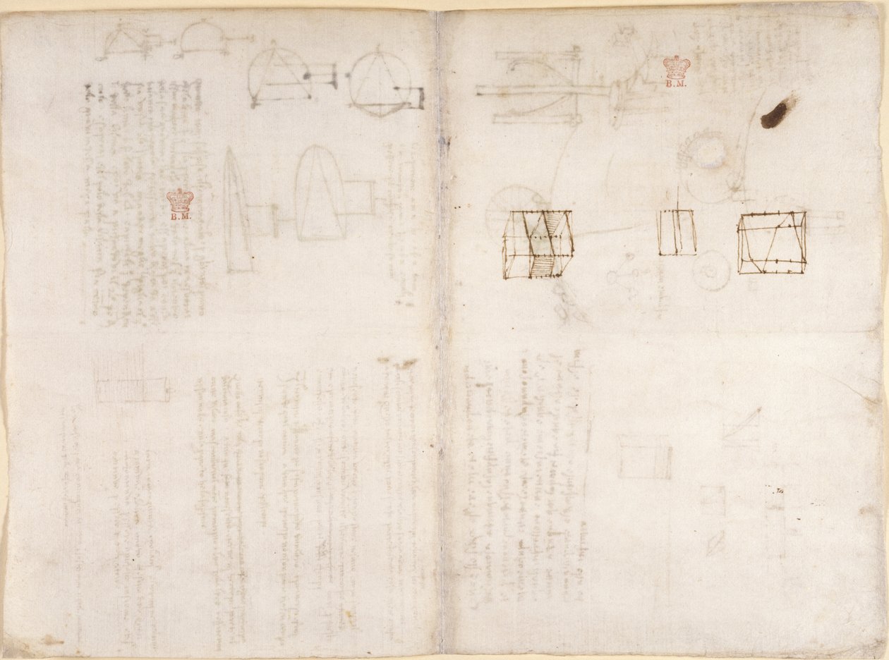Arundel 263، f.130v، f.133 صفحة فارغة مع رسوم بيانية ، من "Codex Arundel" (قلم وحبر على ورق) بواسطة ليوناردو دا فينشي
