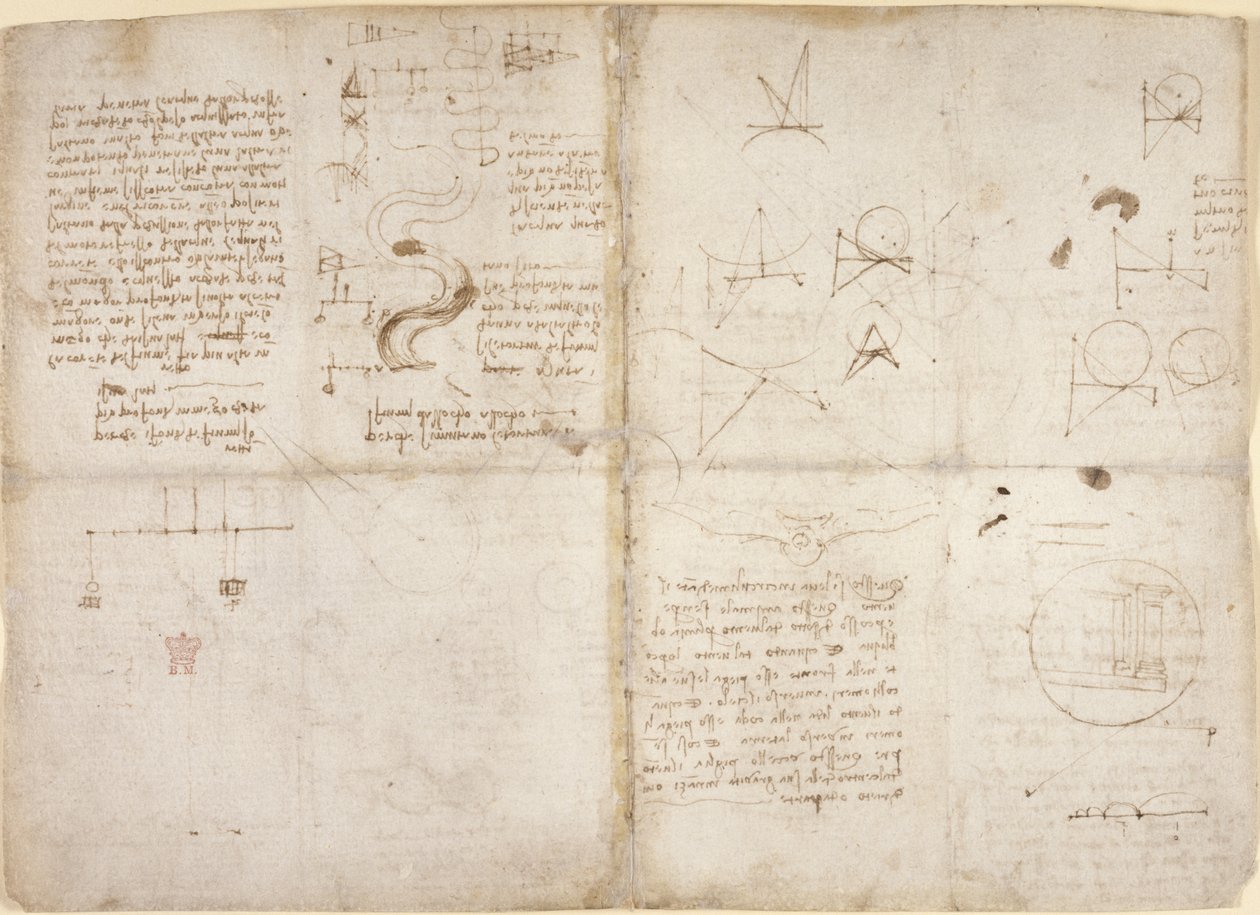 Arundel 263، f.135v، f.134 ، ملاحظات ورسوم بيانية عن الميكانيكا ؛ ملاحظات ورسومات تخطيطية حول مجاري الأنهار وتدفق المياه ، من "Codex Arundel" ، حوالي 1503 (قلم حبر وحبر على ورق) بواسطة ليوناردو دا فينشي