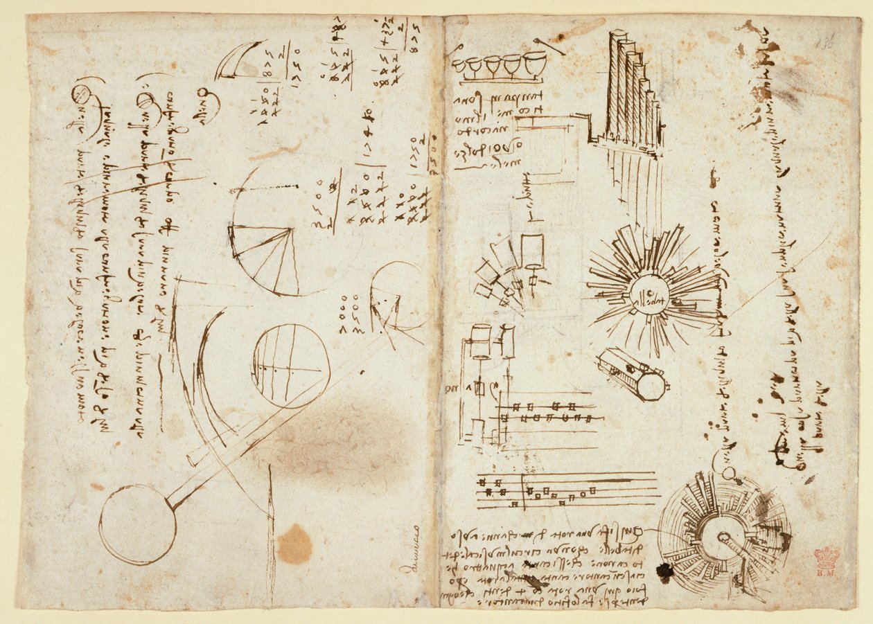 Arundel 263 f.137v، f.136 ملاحظات ومخططات تقريبية (جانبية) ؛ حسابات رياضية (جنبًا إلى جنب) ، من "Codex Arundel" (قلم وحبر على ورق) بواسطة ليوناردو دا فينشي