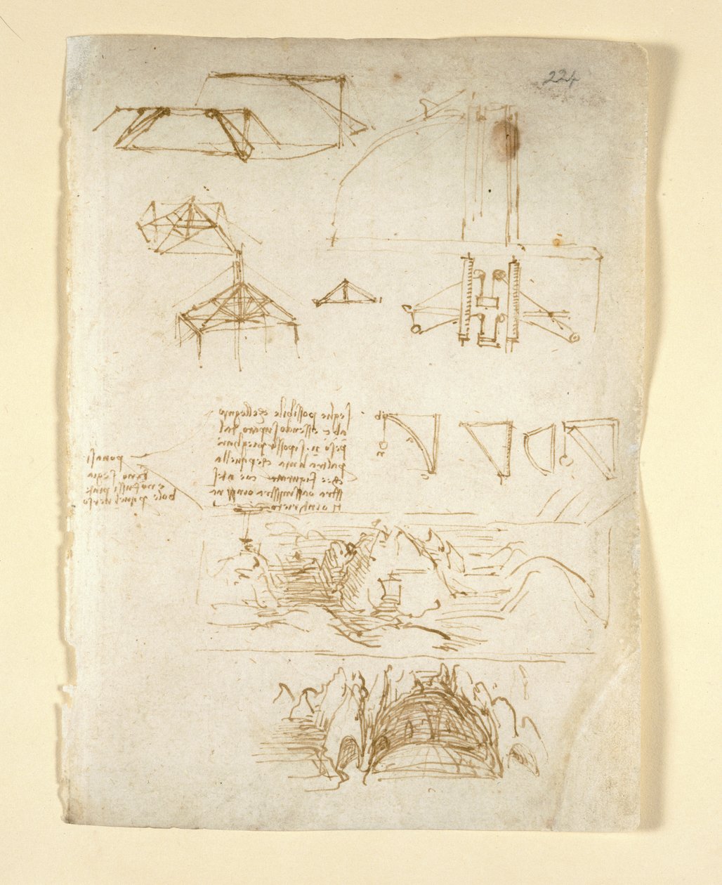 Arundel 263، f.224 ملاحظات ورسوم بيانية ؛ اسكتشات للجبال وكهف ، من "Codex Arundel" (قلم وحبر على ورق) بواسطة ليوناردو دا فينشي