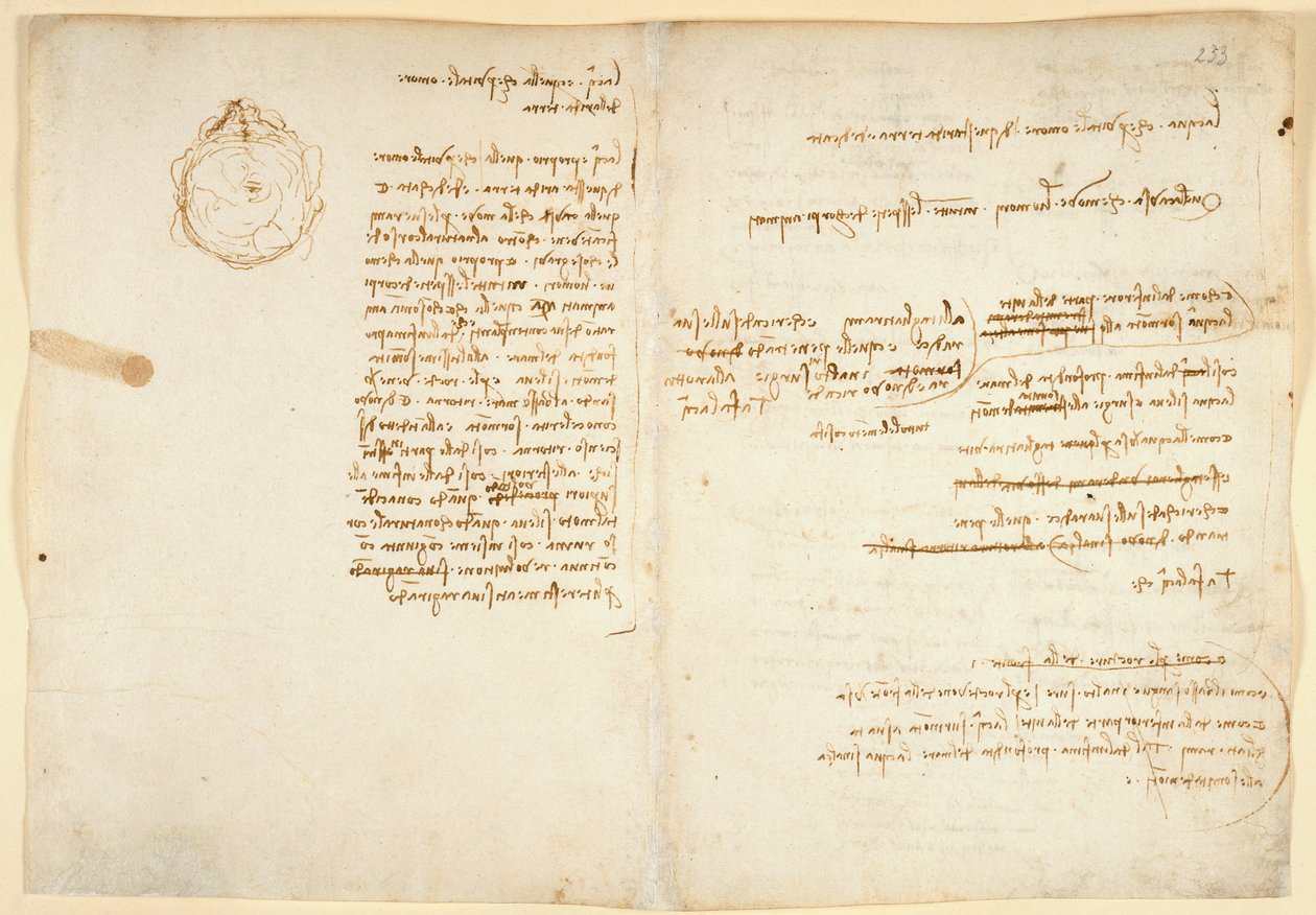 Arundel 263 f.236v، f.233 ملاحظات عن الماء ؛ رسم تخطيطي يوضح الكرة الأرضية ، من "Codex Arundel" (قلم وحبر على ورق) بواسطة ليوناردو دا فينشي