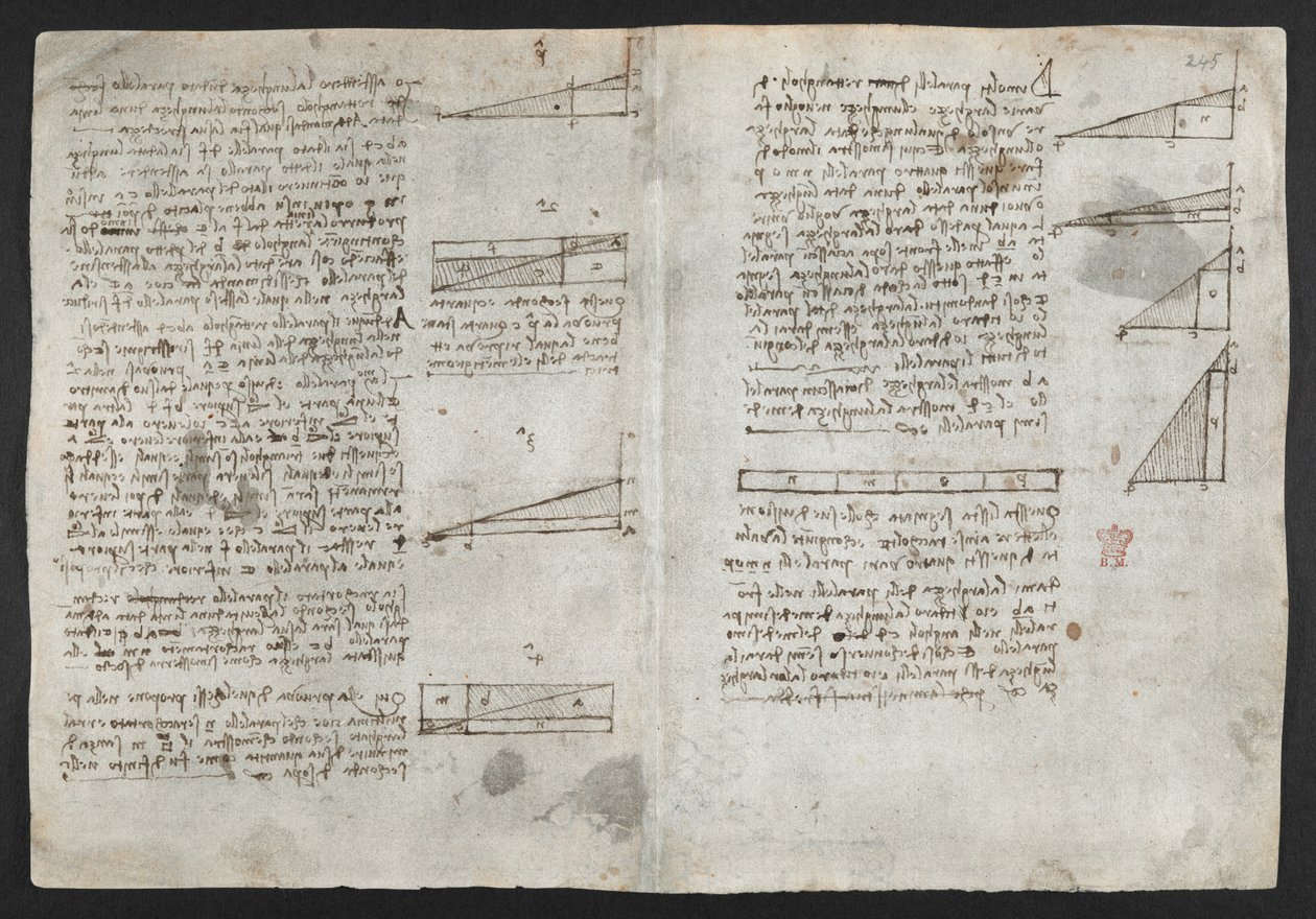 Arundel 263، f.246v رسومات حول القوى والقوى الميكانيكية والإيقاع والجاذبية والحركة والبصريات وعلم الفلك ، مع مقترحات حسابية وهندسية مختلفة ، توضيح من كتاب ليوناردو للملاحظات (حبر على ورق) بواسطة ليوناردو دا فينشي