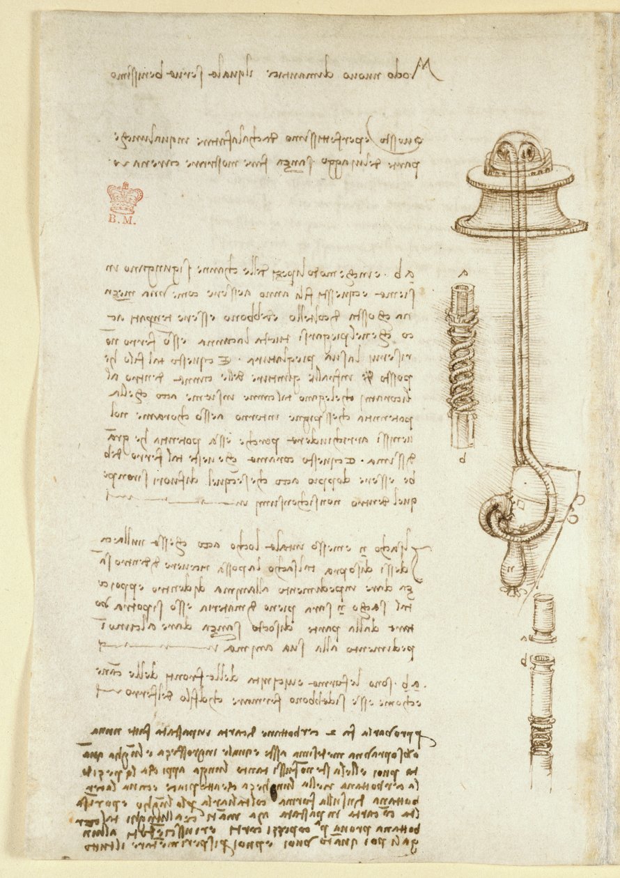 Arundel 263، f.24v ملاحظات ورسوم تخطيطية توضح دراسة ليوناردو لجهاز التنفس لغواص (1508) ، من "Codex Arundel" (قلم وحبر على ورق) بواسطة ليوناردو دا فينشي