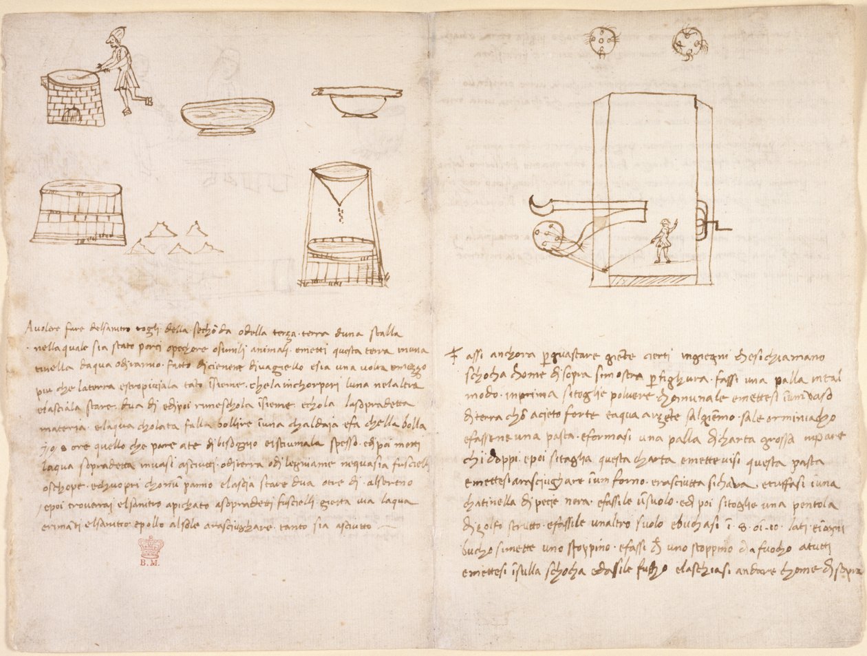 Arundel 263، f.259v، f.260 ملاحظات ورسومات أولية عن عملية إنتاج الملح الصخري لتحضير البارود (ليس بيد ليوناردو) (القلم والحبر على الورق) بواسطة ليوناردو دا فينشي