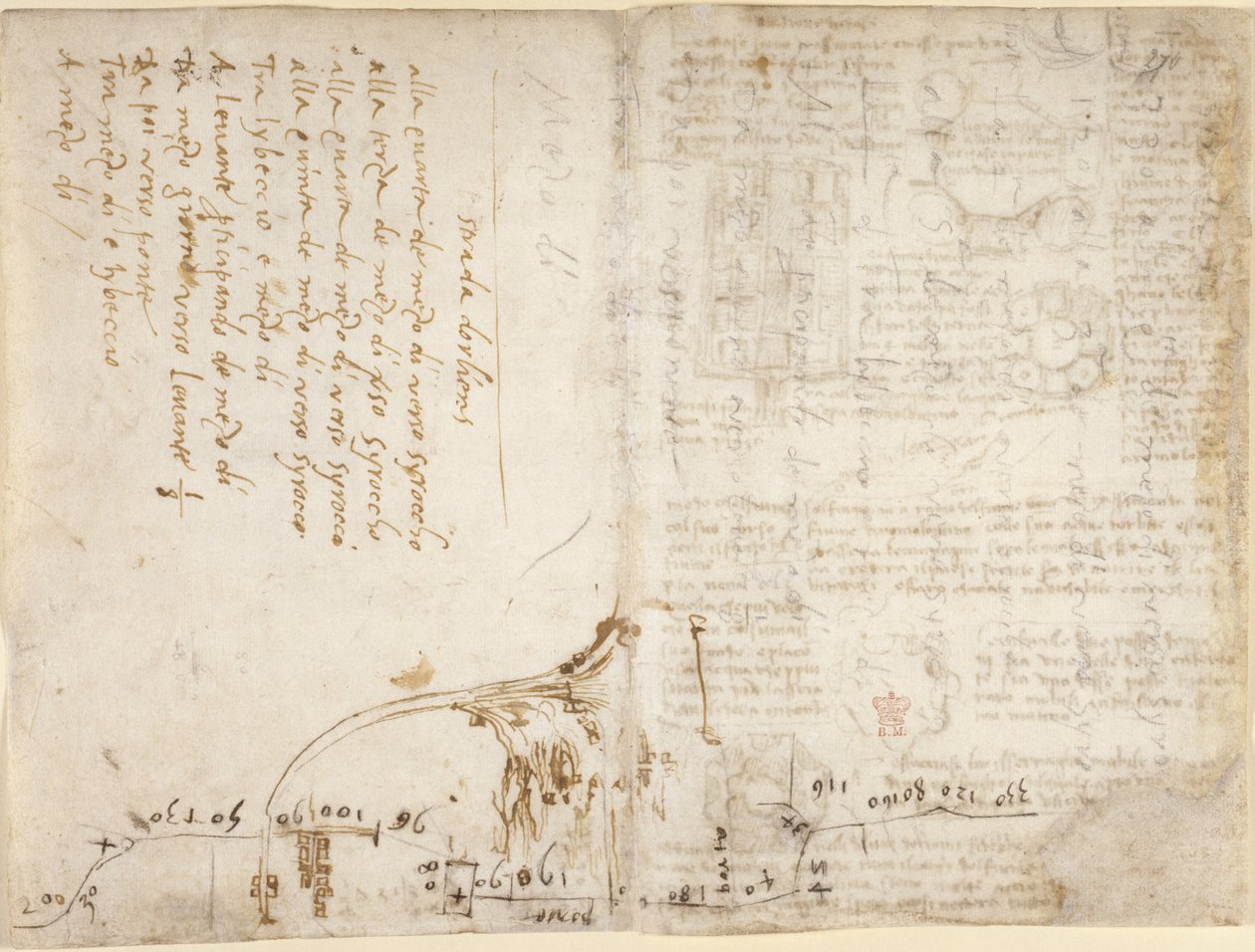 Arundel 263، f.263v، f.270 ملاحظة ورسم تخطيطي يصف مسار رحلة "الطريق إلى أورليان" من مدينة رومورانتين (بقلم فرانشيسكو ميلزي) (جنبًا إلى جنب) ، من "Codex Arundel" (قلم حبر وحبر على ورق) بواسطة ليوناردو دا فينشي