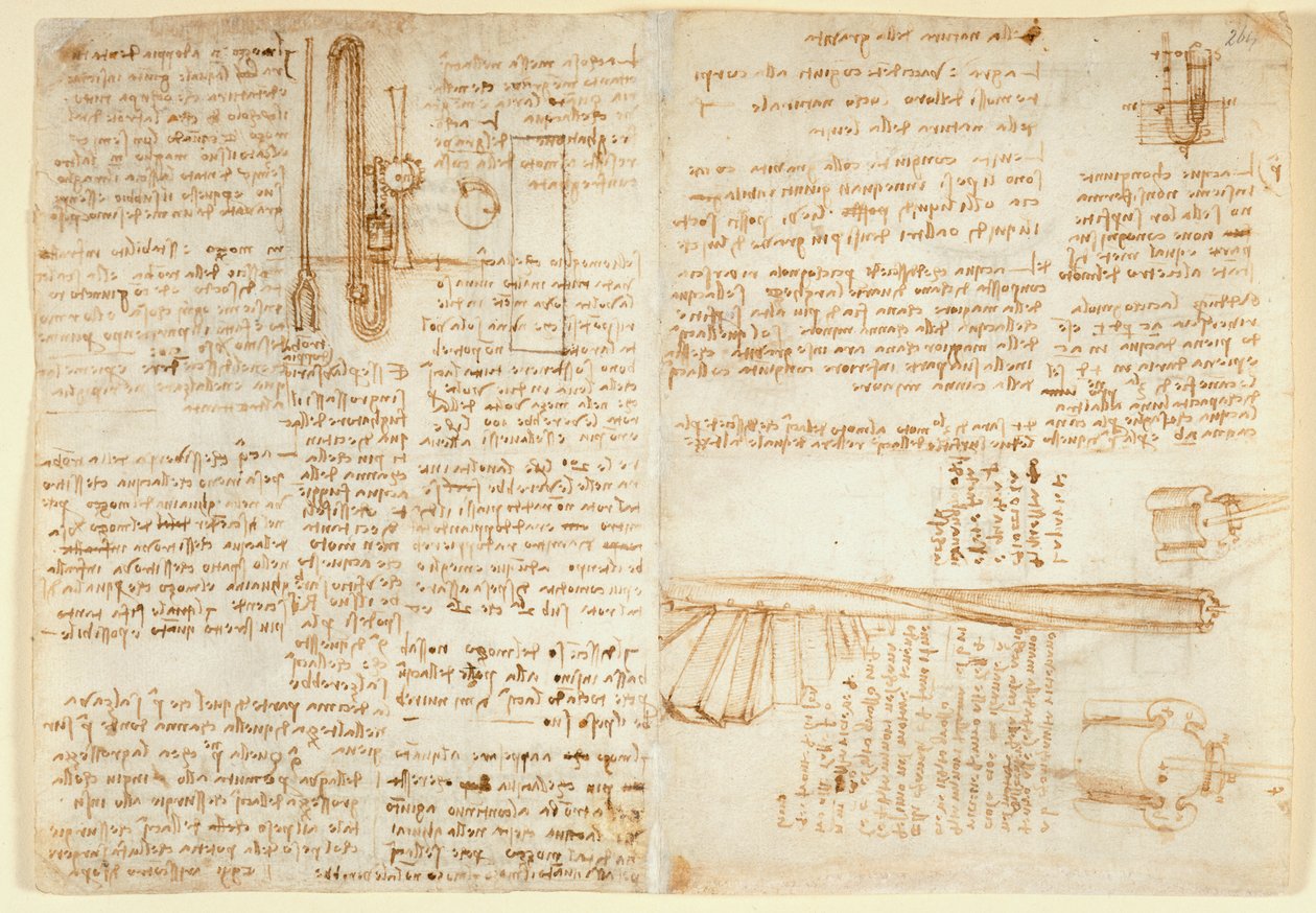 Arundel 263 f.269v، f.264 ملاحظات ورسم تخطيطي على جهاز هيدروليكي ، من "Codex Arundel" (قلم وحبر على ورق) بواسطة ليوناردو دا فينشي