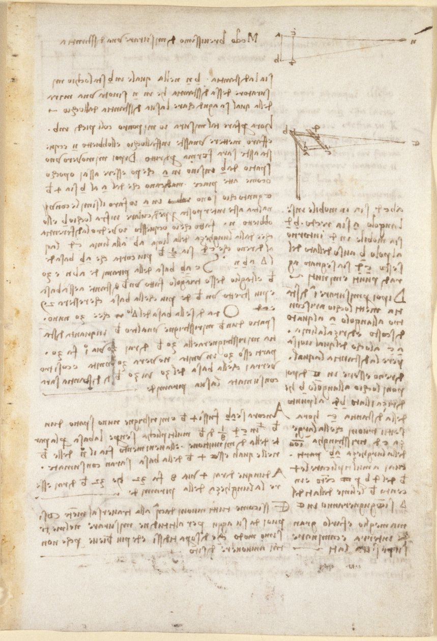 Arundel 263، f.26 ملاحظات ورسوم بيانية عن طريقة مختصرة لقياس المسافات ، من "Codex Arundel" (قلم وحبر على ورق) بواسطة ليوناردو دا فينشي