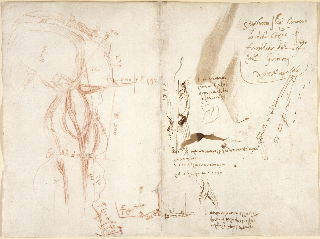 Arundel 263، f.275v، f.274 مخطط تخطيطي لنهر أرنو ؛ ملاحظات على المسافات والاتجاهات بواسطة ليوناردو دا فينشي