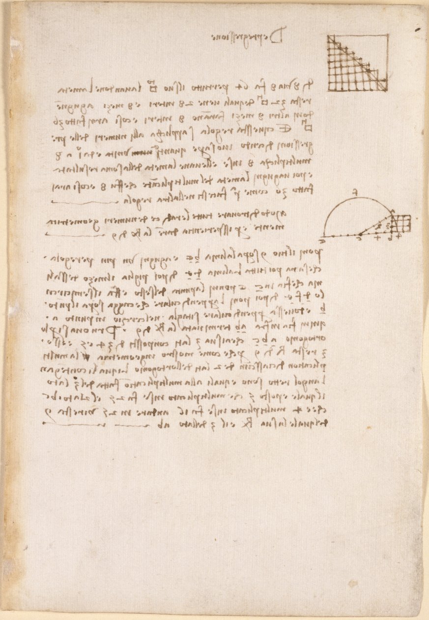Arundel 263، f.27 ، ملاحظات ورسوم بيانية حول الهندسة ، بعنوان "De Progressione" ، من "Codex Arundel" (قلم حبر وحبر على ورق) بواسطة ليوناردو دا فينشي