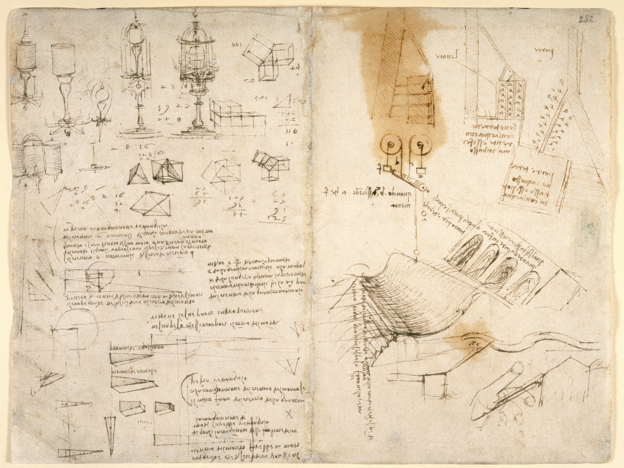 Arundel 263، f.283v، f.282 رسومات تخطيطية لمصابيح مفصلية ؛ ملاحظات على الميكانيكا. عمليات حسابية؛ رسومات هندسية (قلم وحبر على ورق) بواسطة ليوناردو دا فينشي