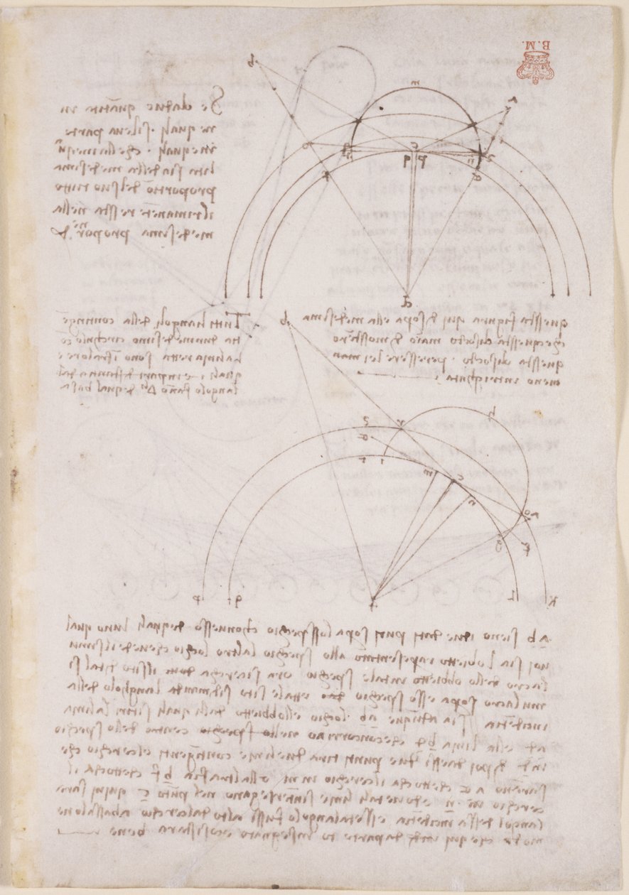 Arundel 263، f.28 ملاحظات ومخططات هندسية على البصريات ، تشير إلى مشكلة ابن الهيثم بواسطة ليوناردو دا فينشي