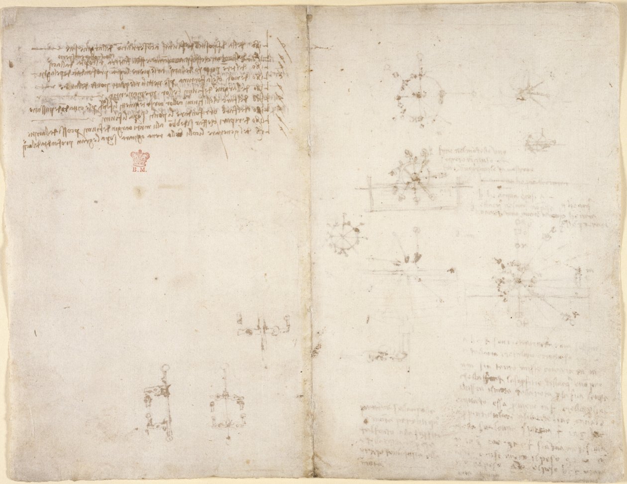 Arundel 263، f.35v، f.34 رسومات حول القوى والقوى الميكانيكية ، والإيقاع ، والجاذبية ، والحركة ، والبصريات ، وعلم الفلك ، مع افتراضات حسابية وهندسية مختلفة. بواسطة ليوناردو دا فينشي