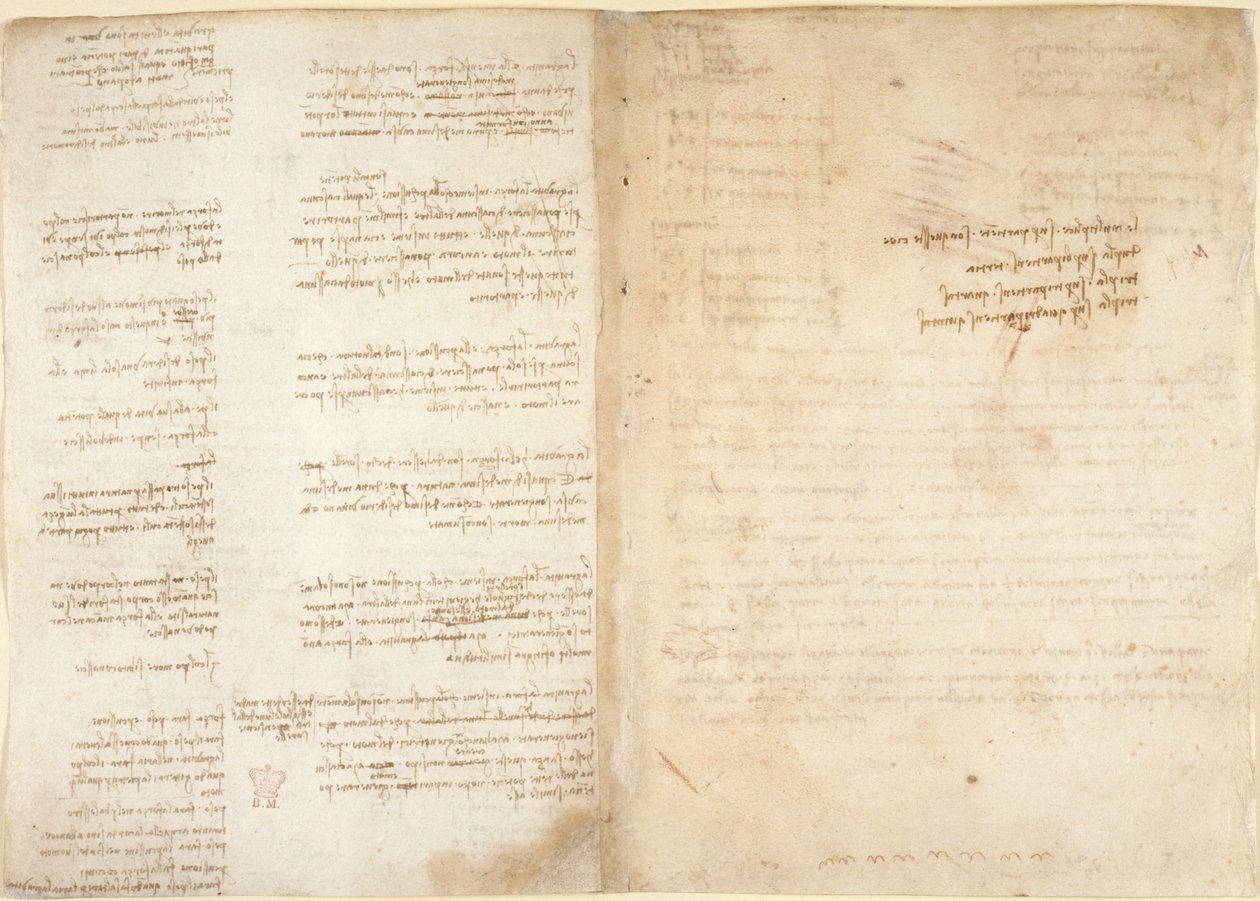 Arundel 263، f.37v، f.38r ملاحظات حول الميكانيكا ، من "Codex Arundel"، c.1495-7 (قلم وحبر على ورق) بواسطة ليوناردو دا فينشي
