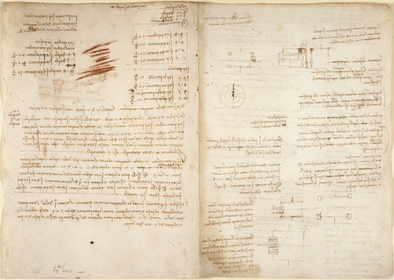 Arundel 263، f.38v، f.37 ملاحظات حول الحساب ، من "Codex Arundel" (قلم وحبر على ورق) بواسطة ليوناردو دا فينشي
