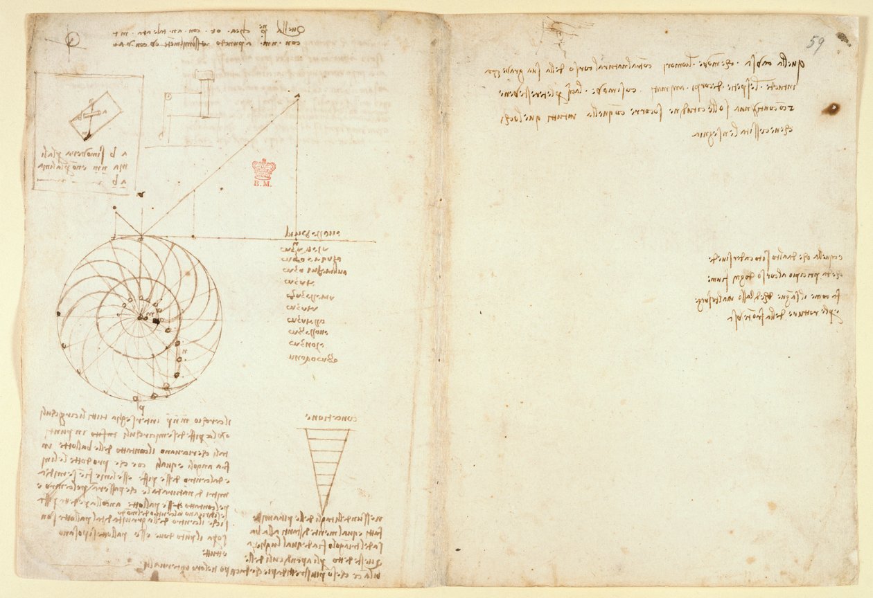 Arundel 263 f.44v، f.59 رسم تخطيطي لعين وأنف وجه في صورة جانبية ؛ ملاحظات حول الماء ، من "Codex Arundel" (قلم وحبر على ورق) بواسطة ليوناردو دا فينشي