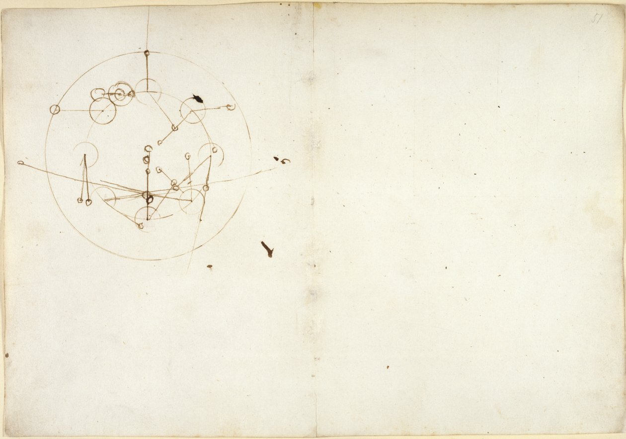 Arundel 263، f.52v، f.51 رسم تخطيطي لعجلة هيدروليكية ، من "Codex Arundel" (قلم حبر وحبر على ورق) بواسطة ليوناردو دا فينشي