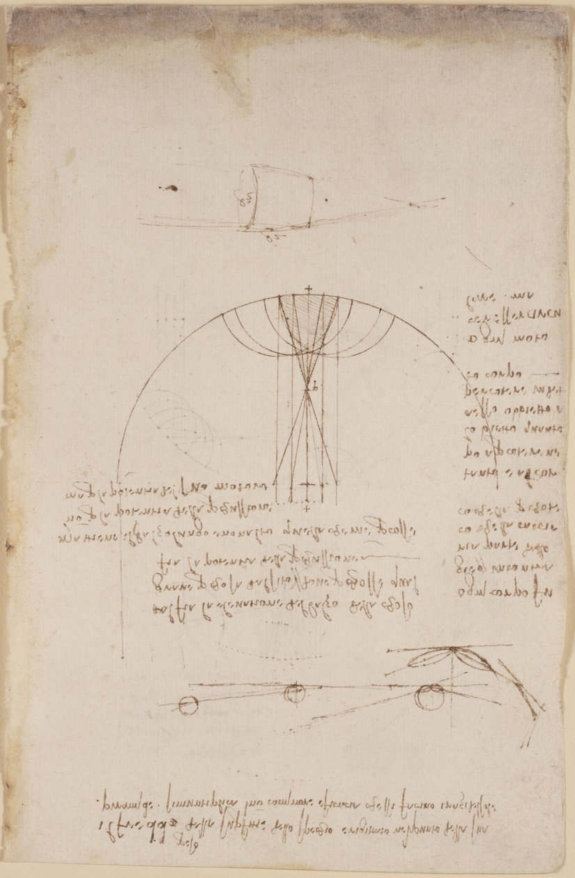 Arundel 263، f.85 رسوم بيانية عن البصريات فيما يتعلق بمواد كاوية الانعكاس ؛ ملاحظة ورسم تخطيطي عن الميكانيكا ، فيما يتعلق بقوة الإيقاع والإشارات إلى المبدأ الأرسطي "ogni attione facta dalla natura è facta nel più brieve modo"، c بواسطة ليوناردو دا فينشي