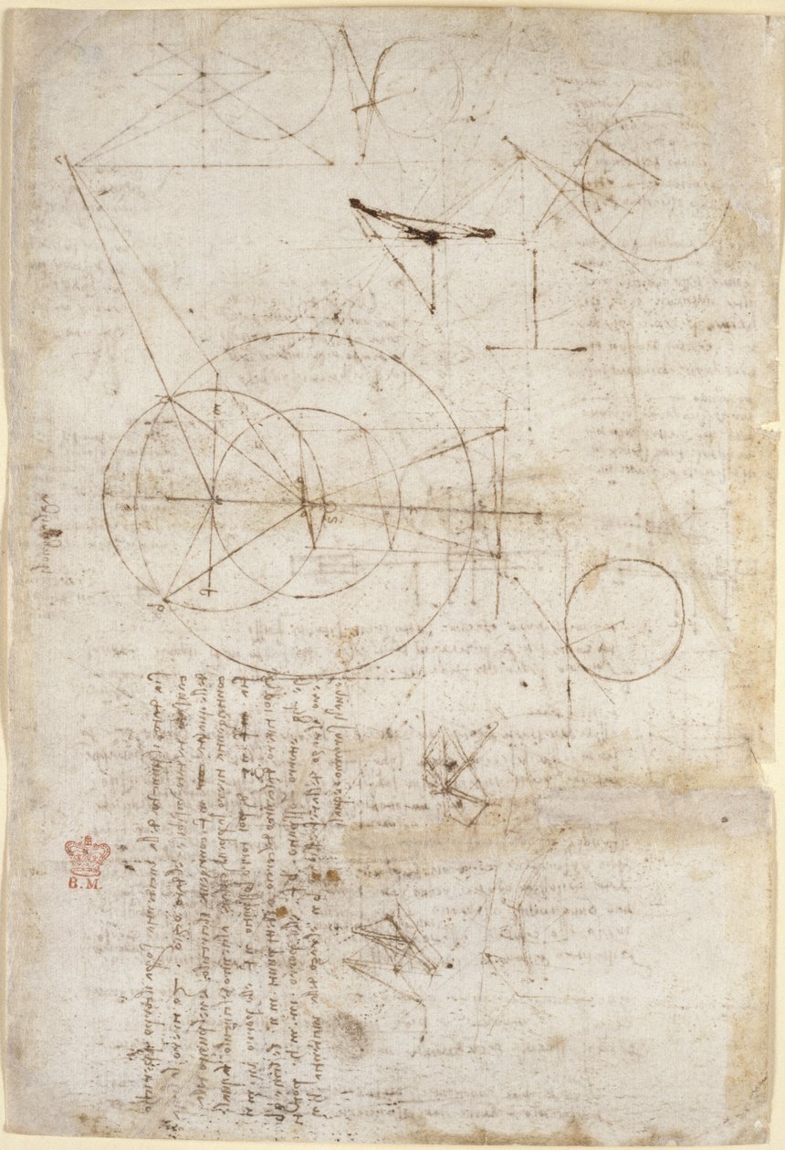 Arundel 263، f.95v ملاحظات ورسوم بيانية عن البصريات بخصوص مشكلة ابن الهيثم ؛ رسمان تخطيطيان يمثلان الهياكل الشبكية ، من "Codex Arundel" ، c.1506-08 (قلم وحبر على ورق) بواسطة ليوناردو دا فينشي