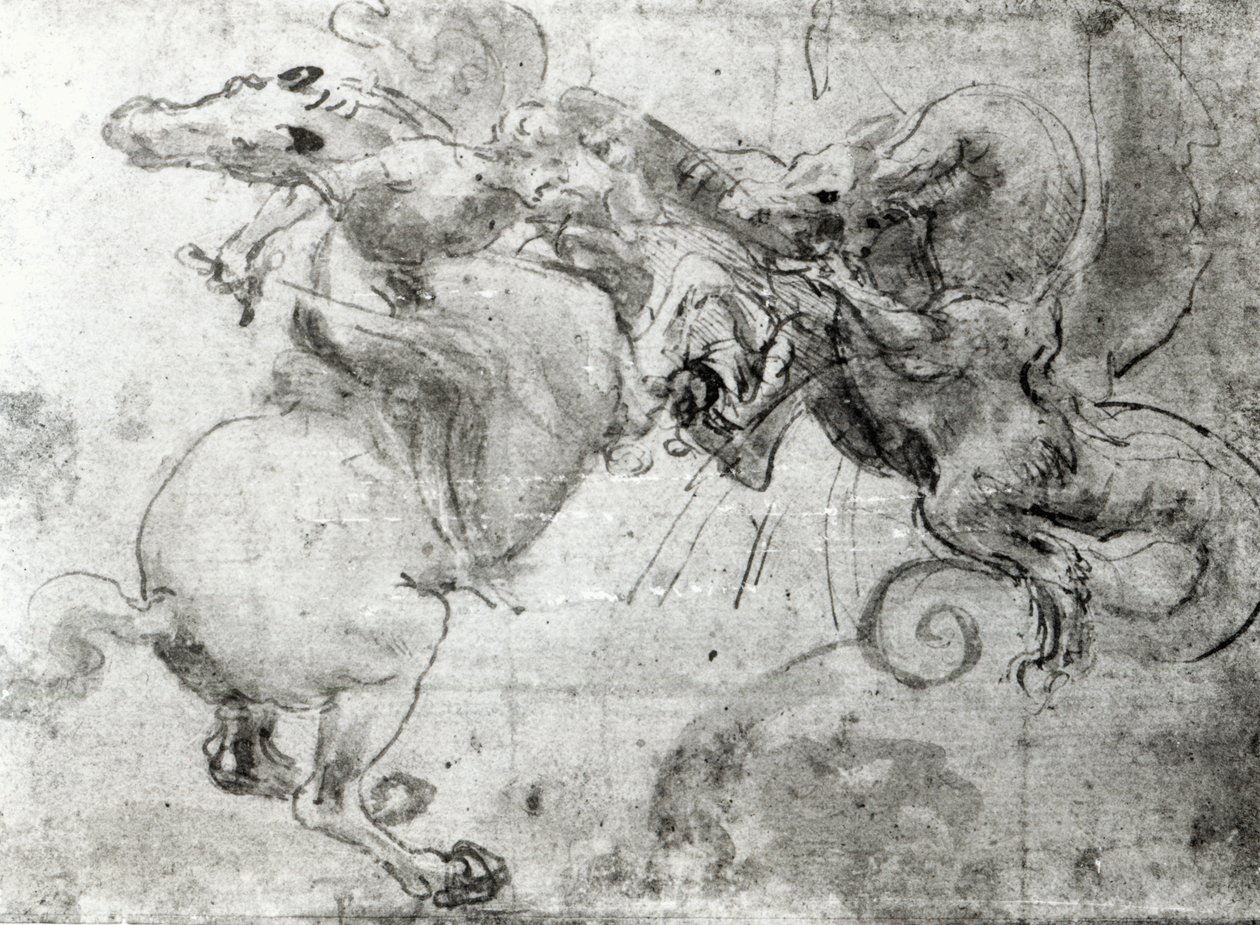 معركة بين راكب وتنين ، c.1482 (قلم قلم ، قلم وفرشاة على الورق) بواسطة ليوناردو دا فينشي