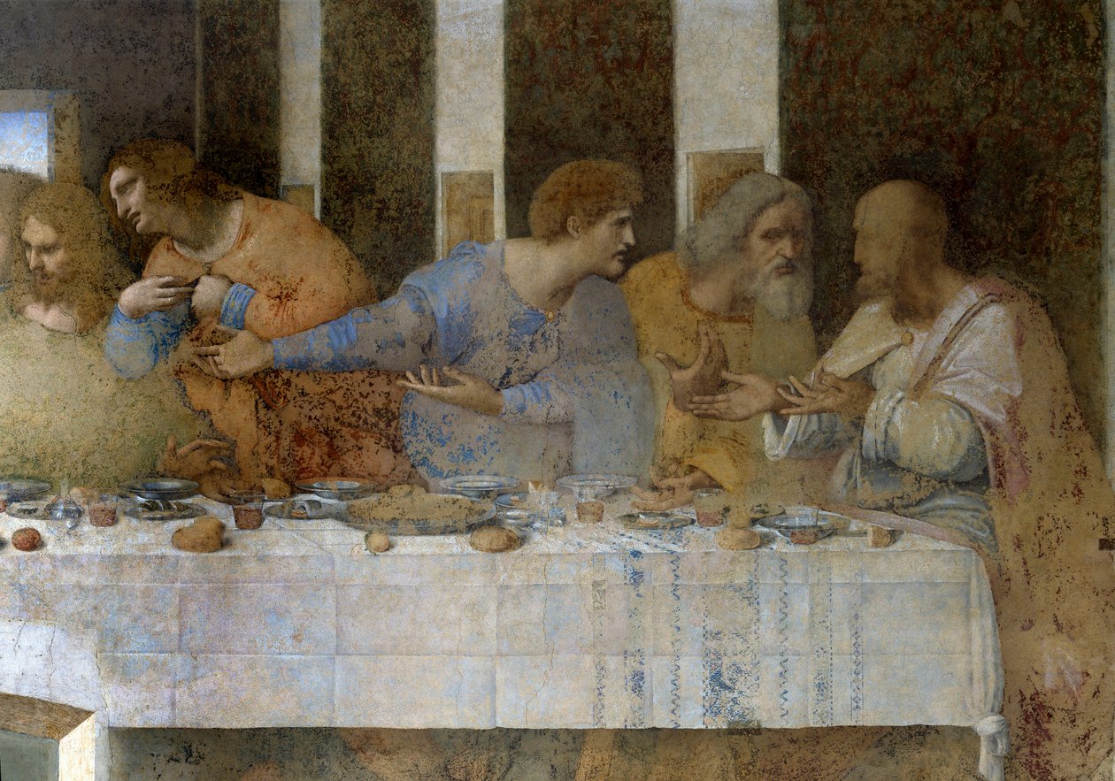 تفاصيل La Cene (Il Cenacolo (Ultima Cena)) تمثل من اليسار إلى اليمين Apoles Thomas و James the Major و Philip و Matthew و Judas the Thaddee و Simon the Zelote. 1495 - 1498. فريسكو ليوناردو دافنشي (ليوناردو دافنشي). قاعة طعام سانتا ماري بواسطة ليوناردو دا فينشي