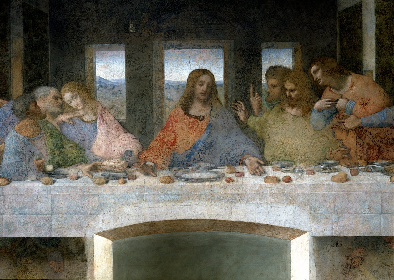 التفاصيل من Cene (Il Cenacolo (Ultima Cena)) تمثل على اليسار Apoles Judas و Peter و John والمسيح في الوسط و Apoles Thomas و James The Major و Philip. الحرف الخامس بين يوحنا والمسيح يشير إلى كأس الكأس أو ال بواسطة ليوناردو دا فينشي